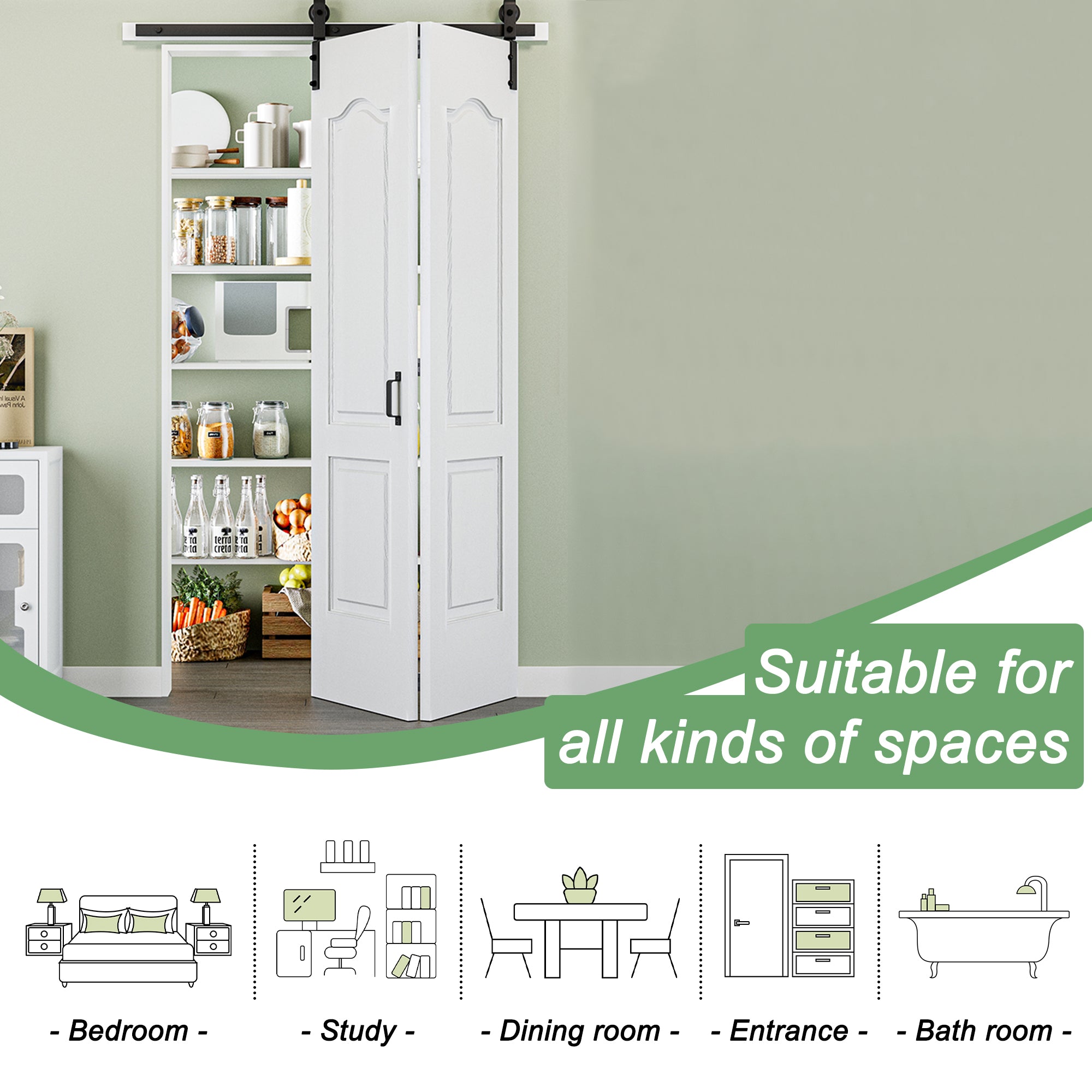 Ark Design Hollow Paneled 2-Lite Arch White Primed MDF Composite Bi-fold Sliding Barn Door with Hardware Kit and Handle