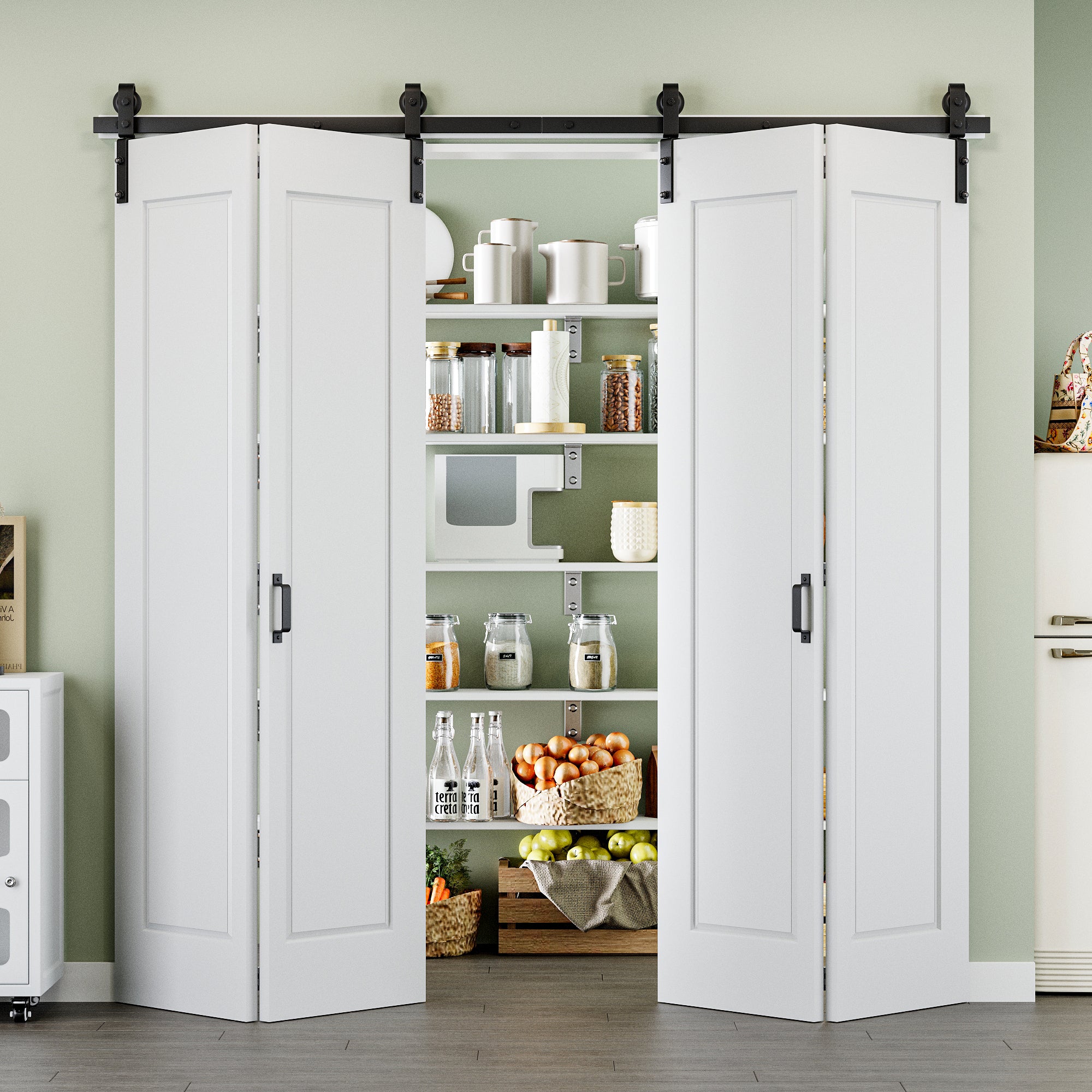 Ark Design Hollow Paneled 1-Lite White Primed MDF Composite Bi-fold Sliding Barn Door with Hardware Kit and Handle