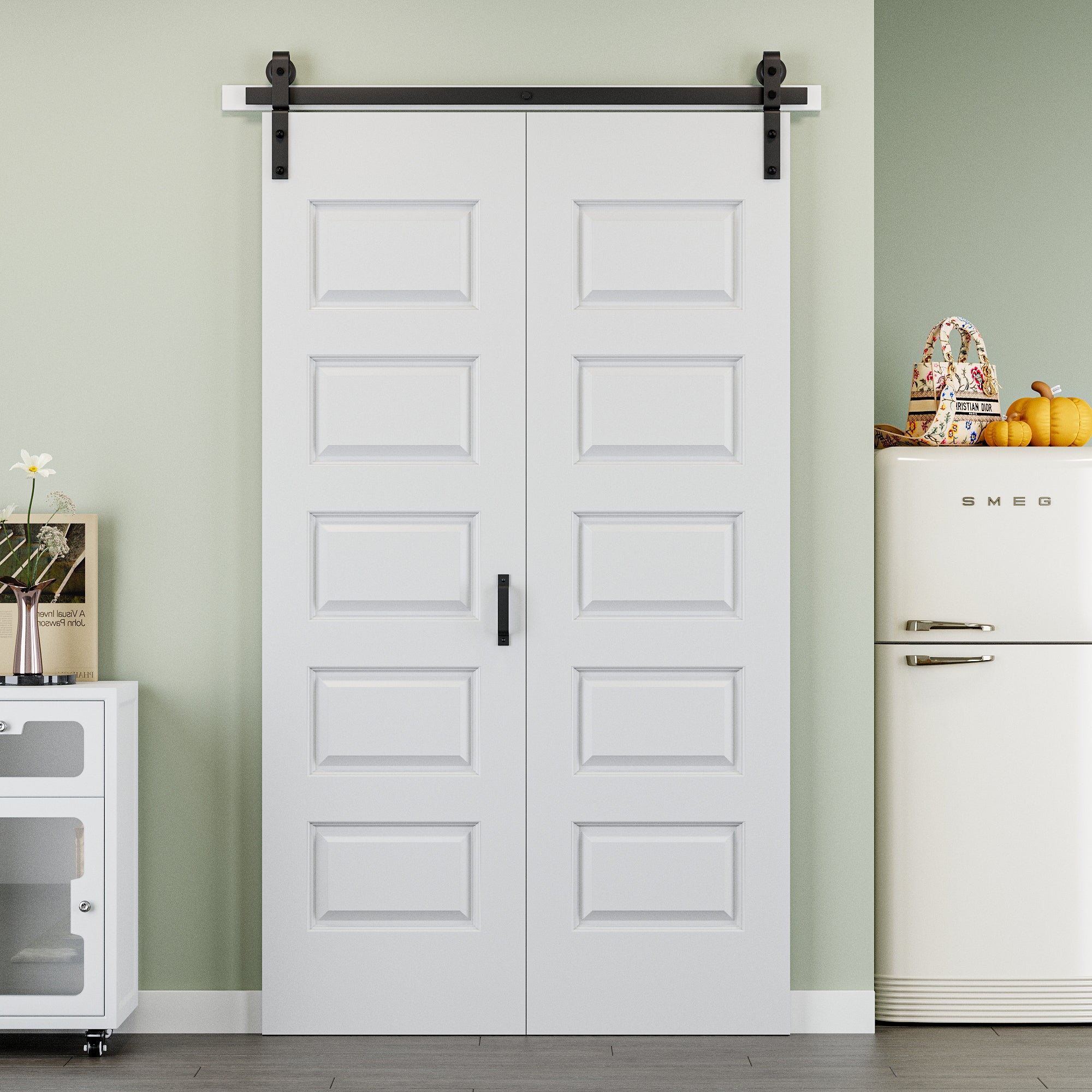 Ark Design Hollow Paneled 5-Lite White Primed MDF Composite Bi-fold Sliding Barn Door with Hardware Kit and Handle