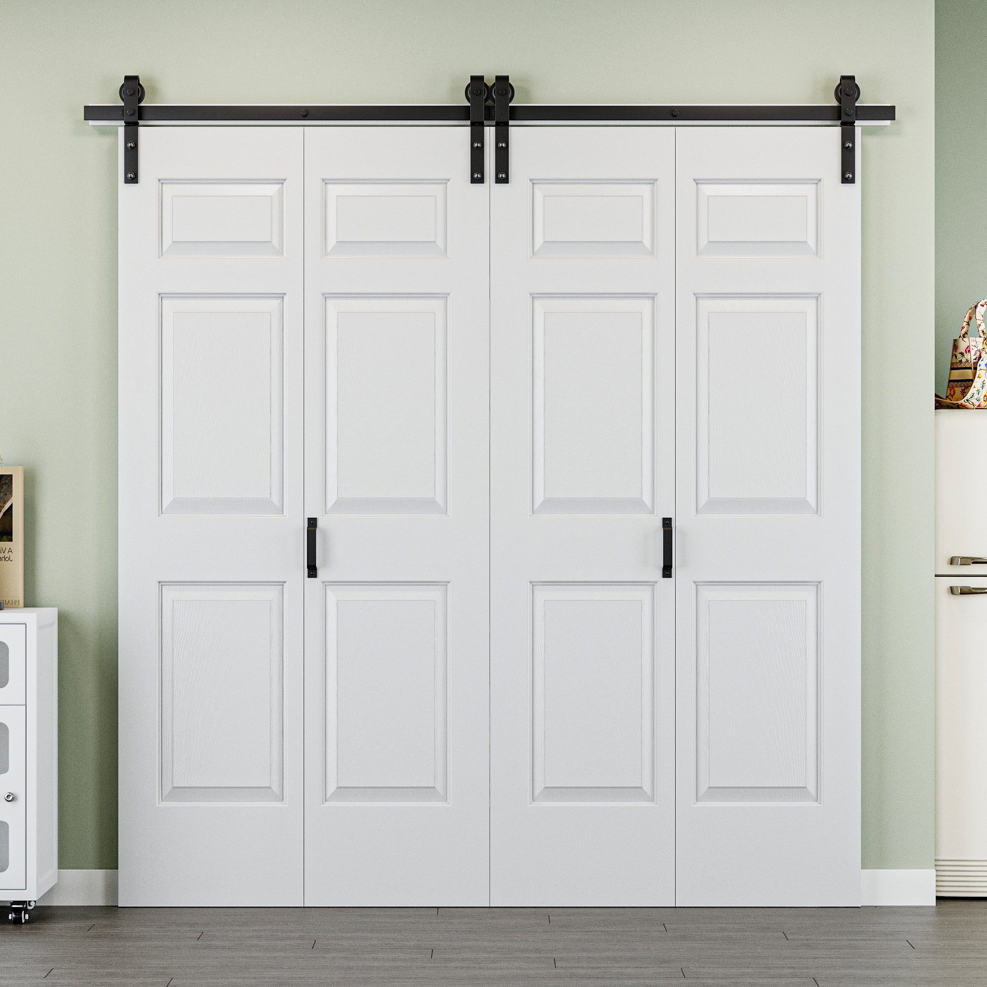Ark Design Hollow Paneled 6-Lite White Primed MDF Composite Bi-fold Sliding Barn Door with Hardware Kit and Handle