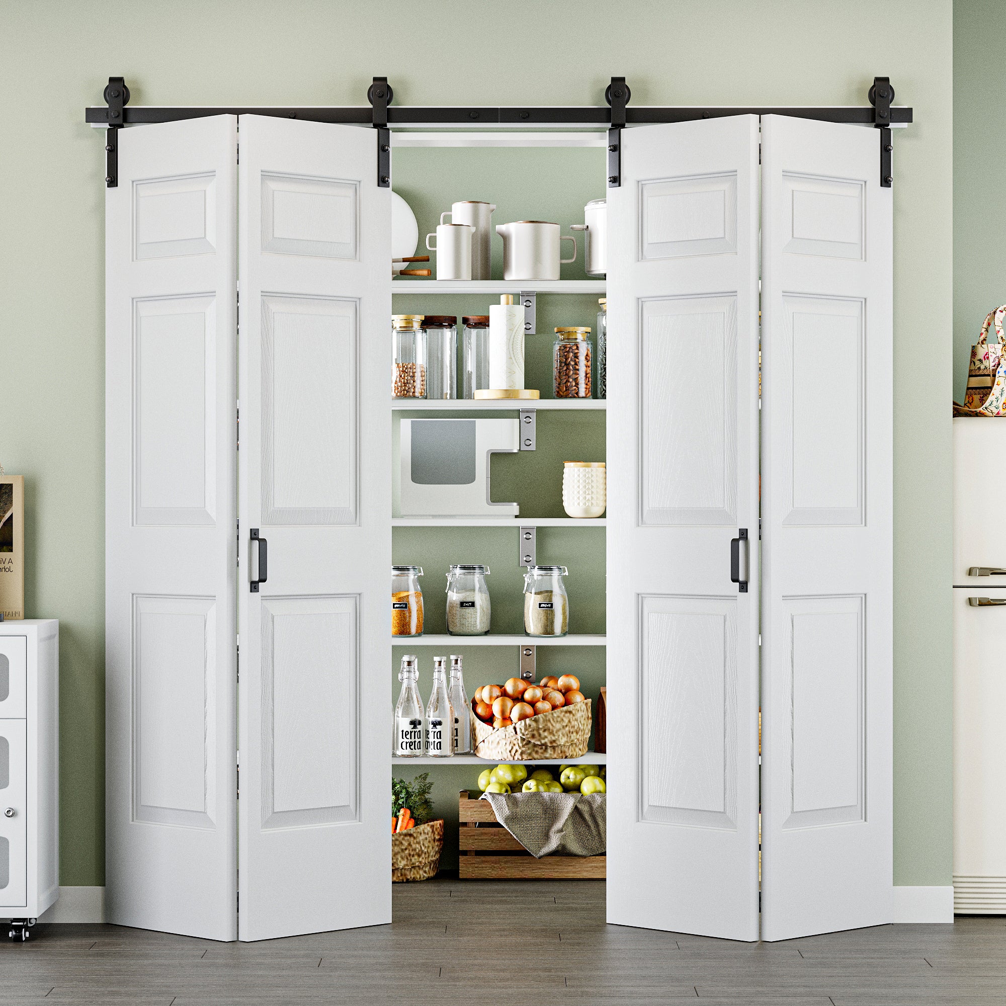 Ark Design Hollow Paneled 6-Lite White Primed MDF Composite Bi-fold Sliding Barn Door with Hardware Kit and Handle