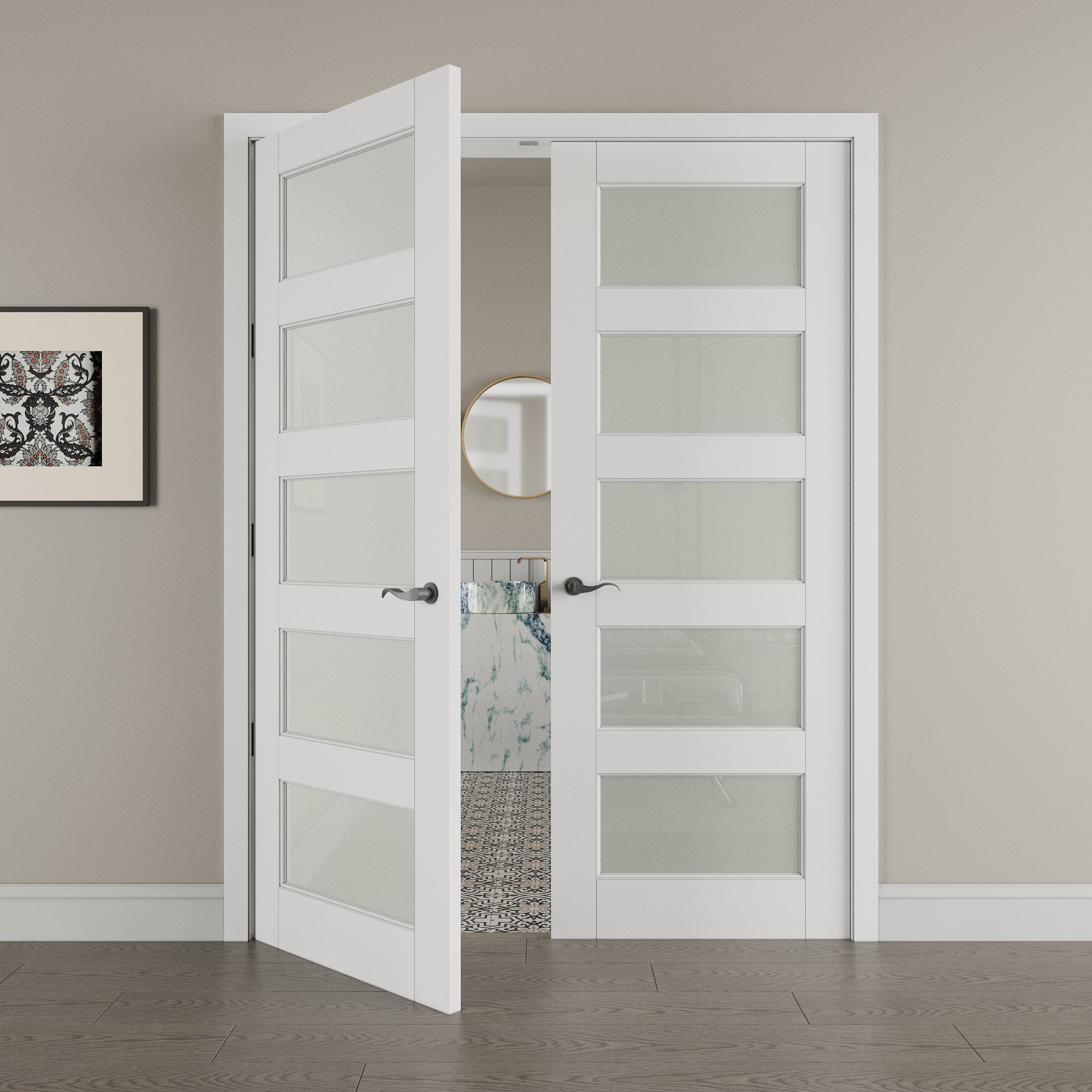 Ark Design 5-Lite Frosted Glass White Solid Core Double Prehung French Door with Ready-to-Assemble Jamb