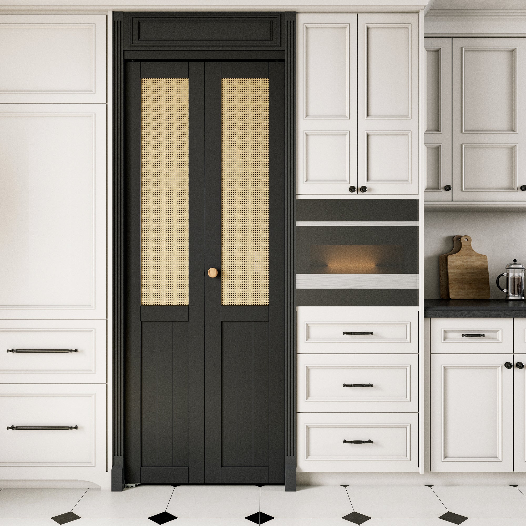 Ark Design Half Paneled Solid Core Black Finished MDF Wood and Imitated Rattan Weaving Bi-Fold Door with Hardware