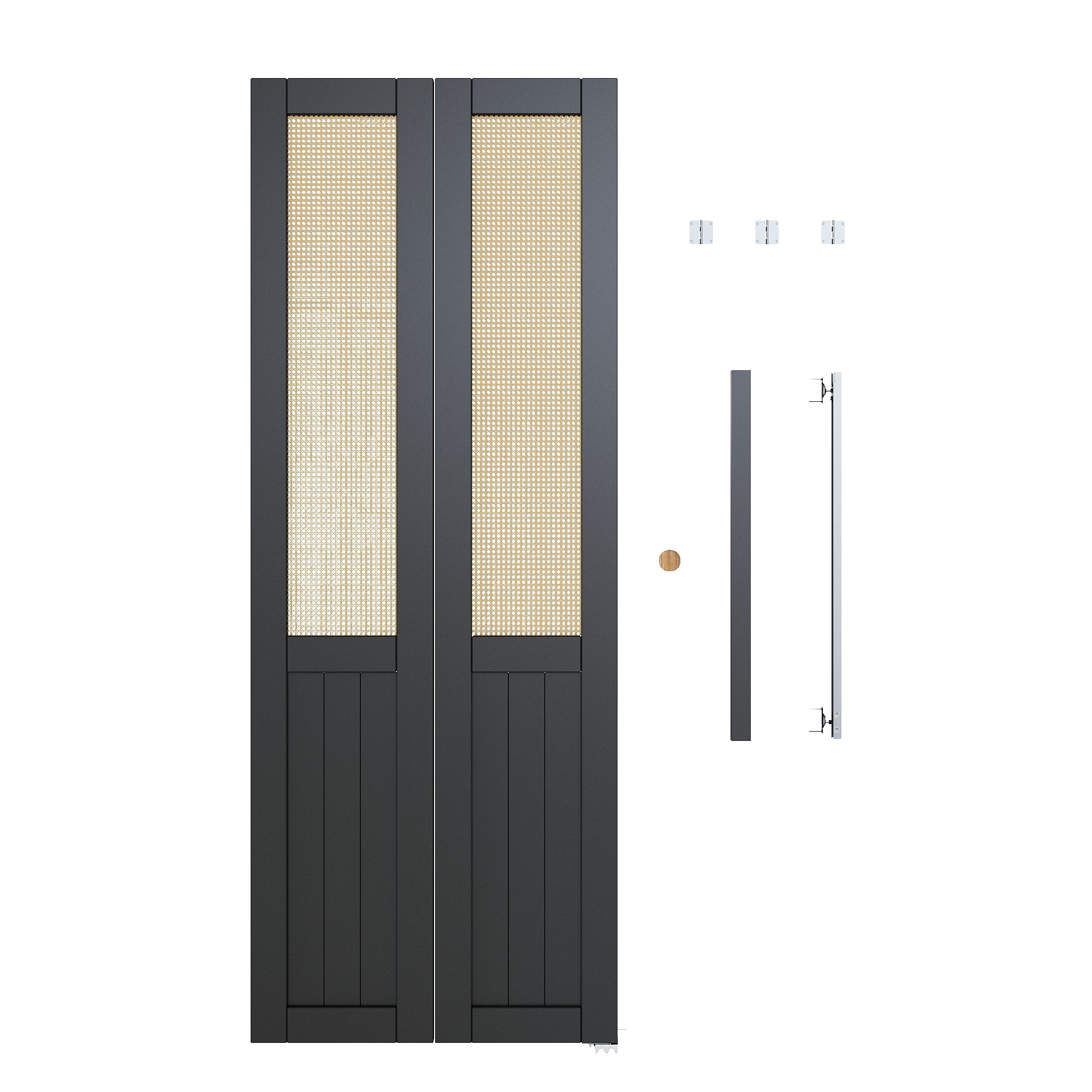 Ark Design Half Paneled Solid Core Black Finished MDF Wood and Imitated Rattan Weaving Bi-Fold Door with Hardware