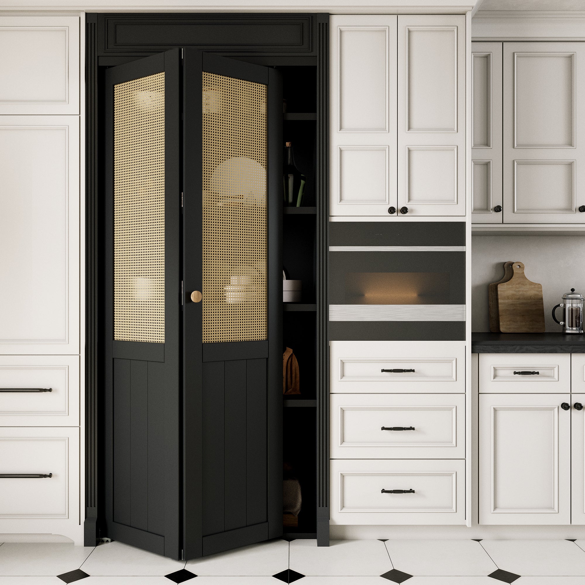 Ark Design Half Paneled Solid Core Black Finished MDF Wood and Imitated Rattan Weaving Bi-Fold Door with Hardware