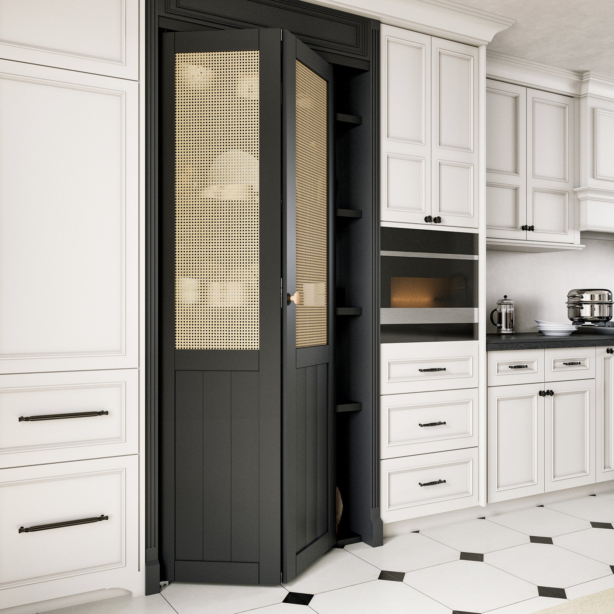 Ark Design Half Paneled Solid Core Black Finished MDF Wood and Imitated Rattan Weaving Bi-Fold Door with Hardware