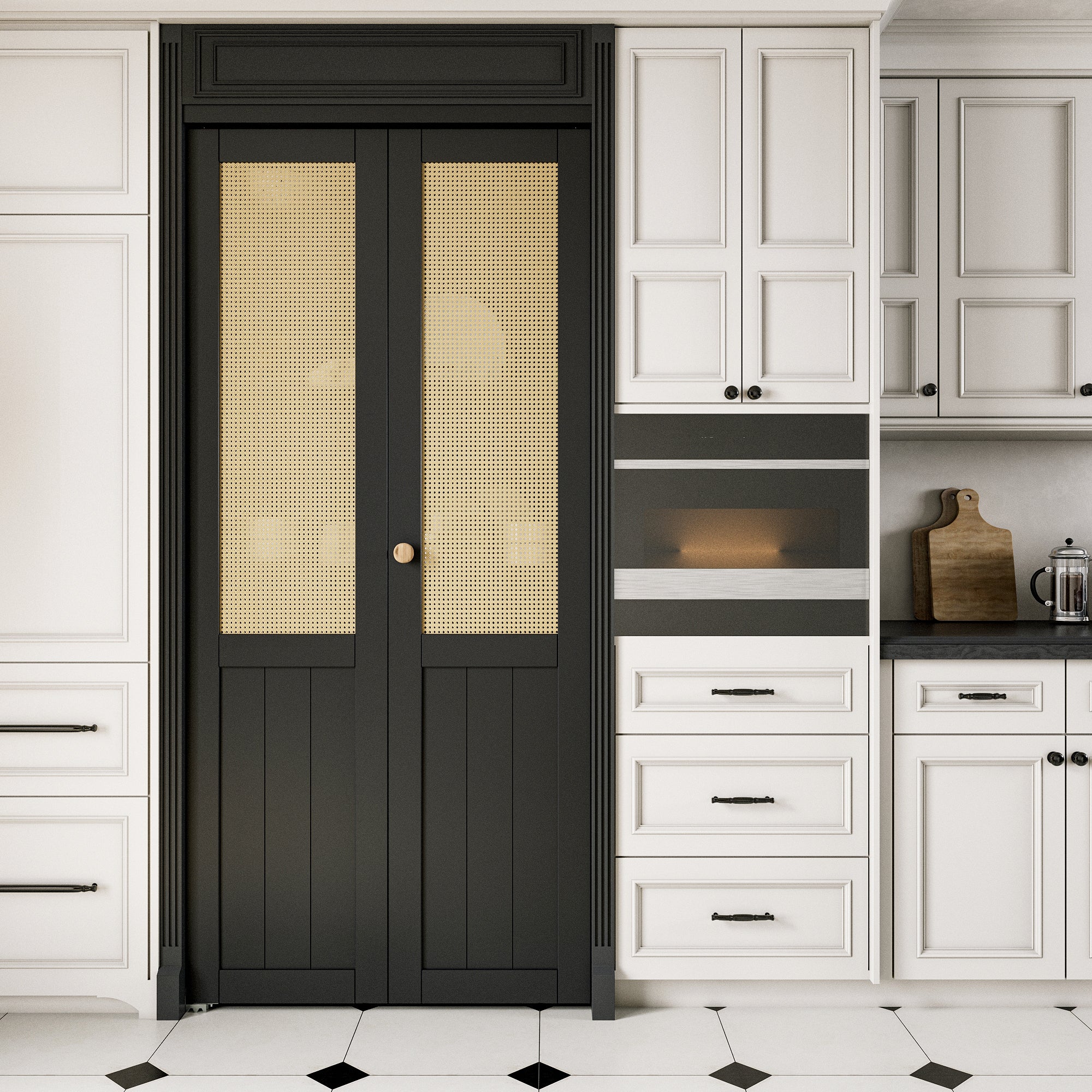 Ark Design Half Paneled Solid Core Black Finished MDF Wood and Imitated Rattan Weaving Bi-Fold Door with Hardware