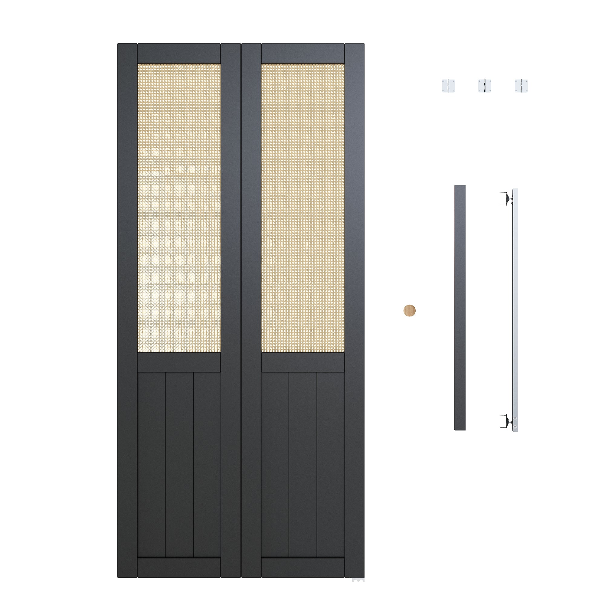 Ark Design Half Paneled Solid Core Black Finished MDF Wood and Imitated Rattan Weaving Bi-Fold Door with Hardware