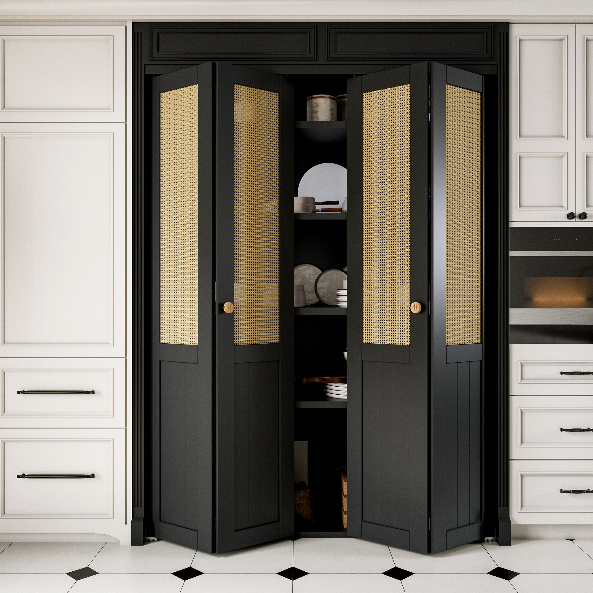 Ark Design Half Paneled Solid Core Black Finished MDF Wood and Imitated Rattan Weaving Bi-Fold Door with Hardware