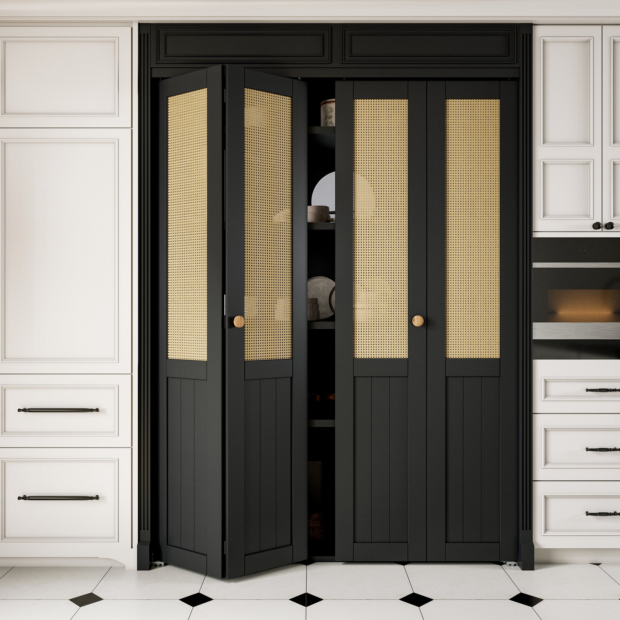 Ark Design Half Paneled Solid Core Black Finished MDF Wood and Imitated Rattan Weaving Bi-Fold Door with Hardware