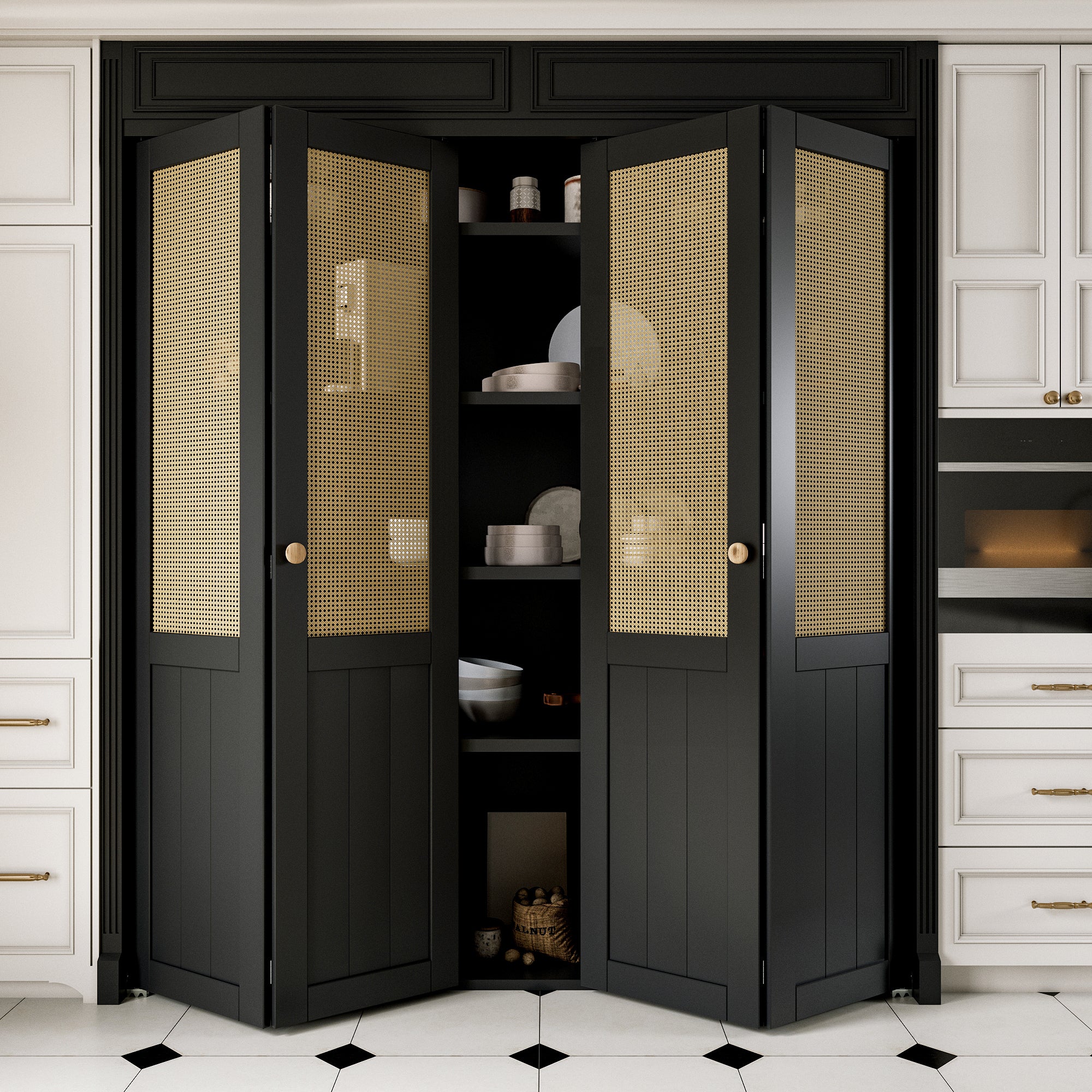 Ark Design Half Paneled Solid Core Black Finished MDF Wood and Imitated Rattan Weaving Bi-Fold Door with Hardware