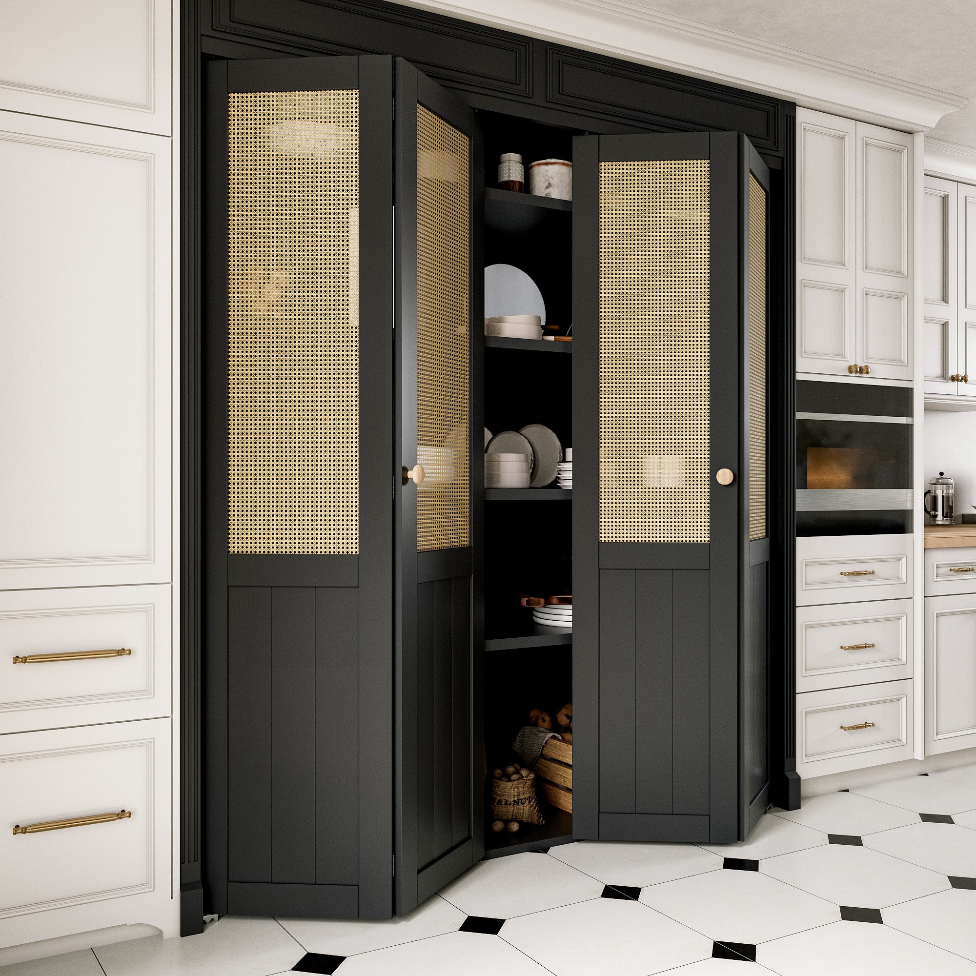 Ark Design Half Paneled Solid Core Black Finished MDF Wood and Imitated Rattan Weaving Bi-Fold Door with Hardware