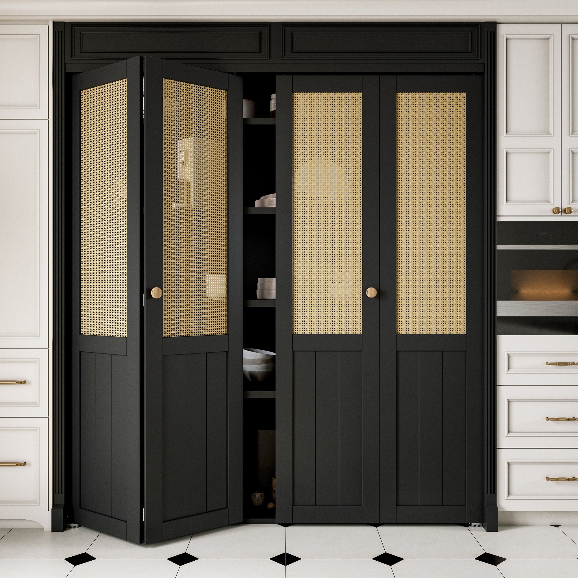 Ark Design Half Paneled Solid Core Black Finished MDF Wood and Imitated Rattan Weaving Bi-Fold Door with Hardware