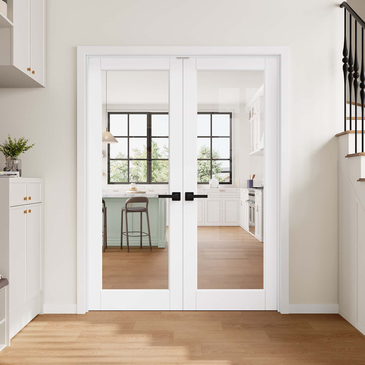 [Magnetic Catch Prehung French Door Collection] 1-Lite Clear Glass White Solid Core Double Prehung French Door with Ready-to-Assemble Jamb
