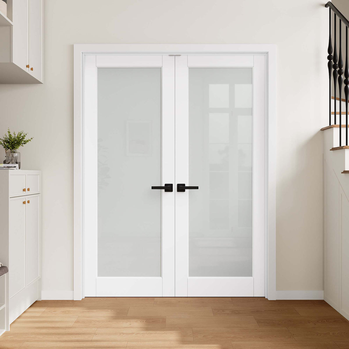[Magnetic Catch Prehung French Door Collection] 1-Lite Frosted Glass White Solid Core Double Prehung French Door with Ready-to-Assemble Jamb