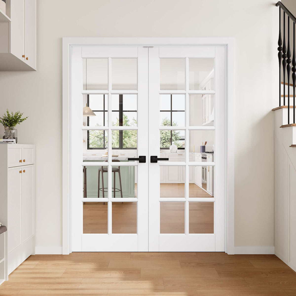 [Magnetic Catch Prehung French Door Collection] 10-Lite Clear Glass White Solid Core Double Prehung French Door with Ready-to-Assemble Jamb