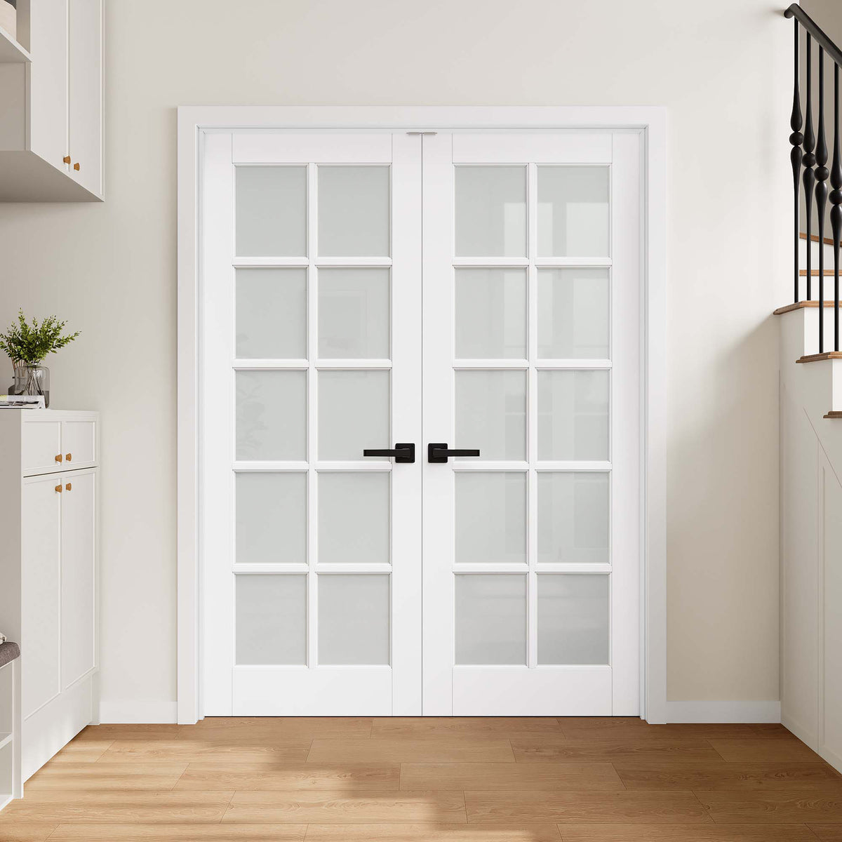 [Magnetic Catch Prehung French Door Collection] 10-Lite Frosted Glass White Solid Core Double Prehung French Door with Ready-to-Assemble Jamb