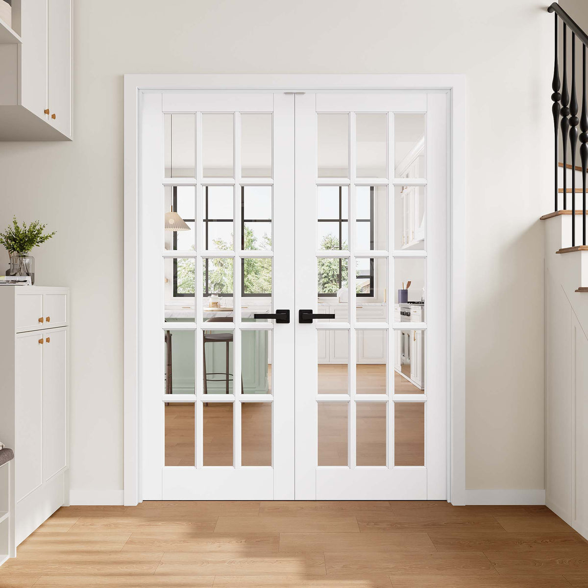 [Magnetic Catch Prehung French Door Collection] 15-Lite Clear Glass White Solid Core Double Prehung French Door with Ready-to-Assemble Jamb