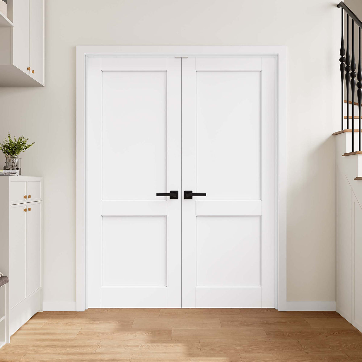 [Magnetic Catch Prehung French Door Collection] 2 Panel White Solid Core Double Prehung French Door with Ready-to-Assemble Jamb