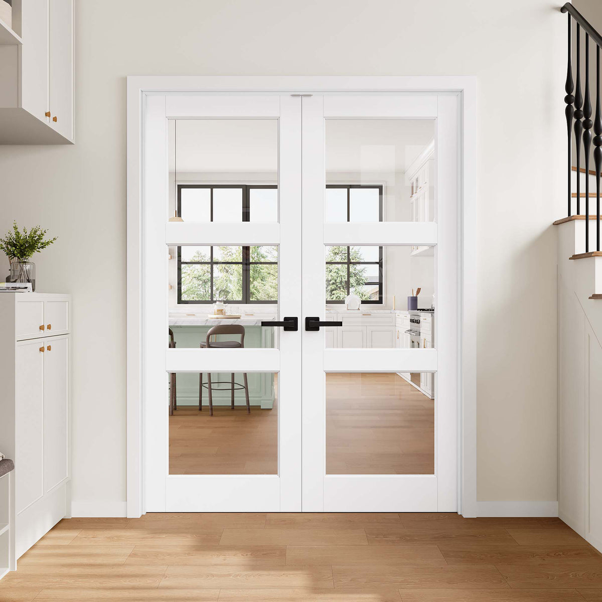 [Magnetic Catch Prehung French Door Collection] 3-Lite Clear Glass White Solid Core Double Prehung French Door with Ready-to-Assemble Jamb