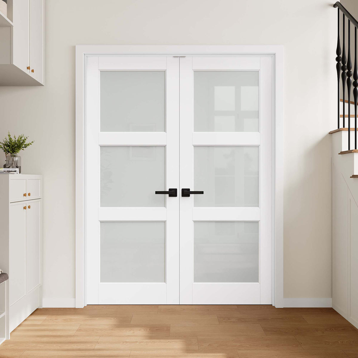 [Magnetic Catch Prehung French Door Collection] 3-Lite Frosted Glass White Solid Core Double Prehung French Door with Ready-to-Assemble Jamb