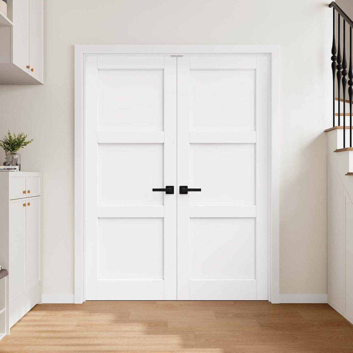 [Magnetic Catch Prehung French Door Collection] 3 Panel White Solid Core Double Prehung French Door with Ready-to-Assemble Jamb