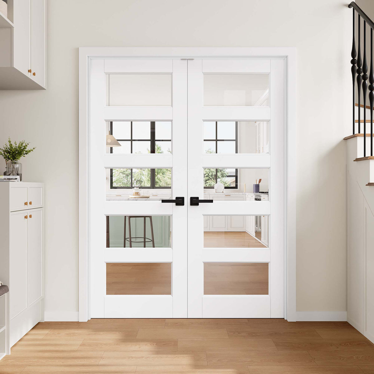 [Magnetic Catch Prehung French Door Collection] 5-Lite Clear Glass White Solid Core Double Prehung French Door with Ready-to-Assemble Jamb