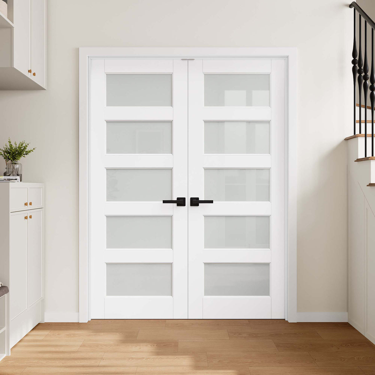 [Magnetic Catch Prehung French Door Collection] 5-Lite Frosted Glass White Solid Core Double Prehung French Door with Ready-to-Assemble Jamb