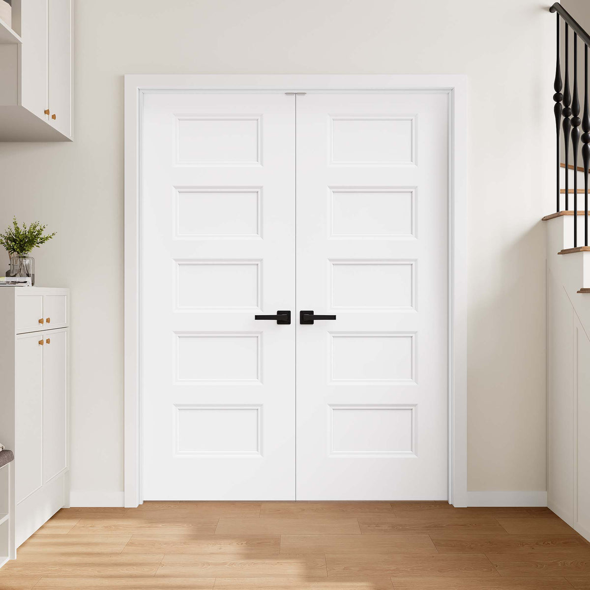 [Magnetic Catch Prehung French Door Collection] 5 Panel White Hollow Core Double Prehung French Door with Ready-to-Assemble Jamb (Copy)