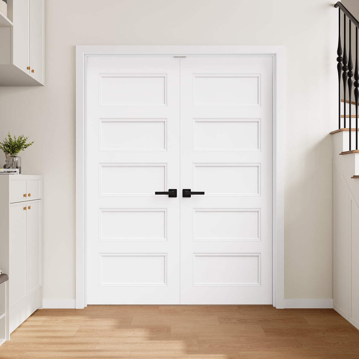[Magnetic Catch Prehung French Door Collection] 5 Raised Panel White Solid Core Double Prehung French Door with Ready-to-Assemble Jamb