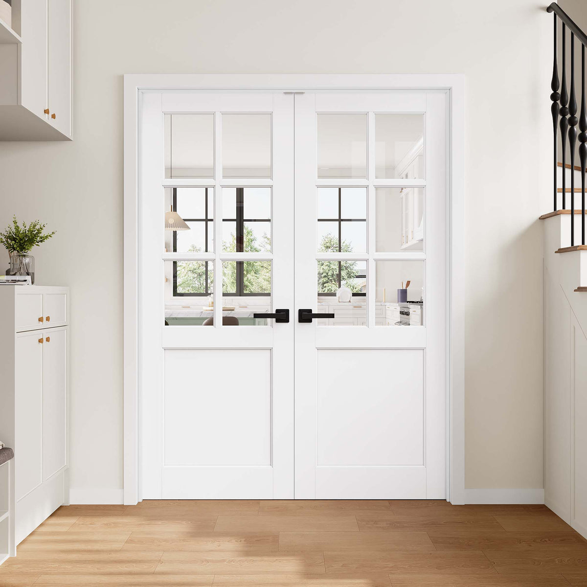 [Magnetic Catch Prehung French Door Collection] 6-Lite Clear Glass White Solid Core Double Prehung French Door with Ready-to-Assemble Jamb