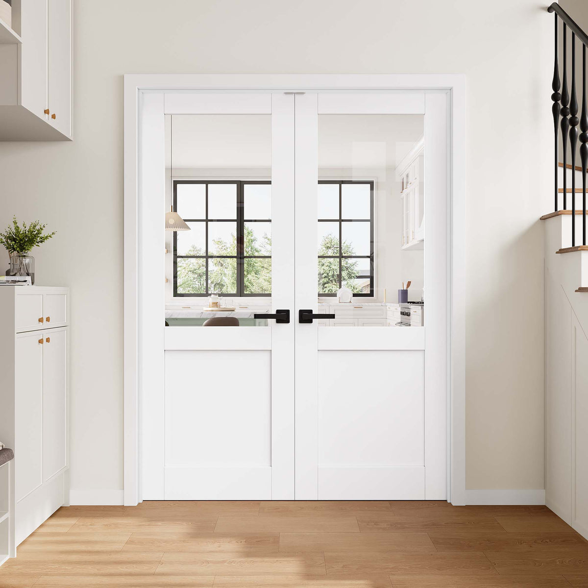 [Magnetic Catch Prehung French Door Collection] Half-Lite Clear Glass White Solid Core Double Prehung French Door with Ready-to-Assemble Jamb