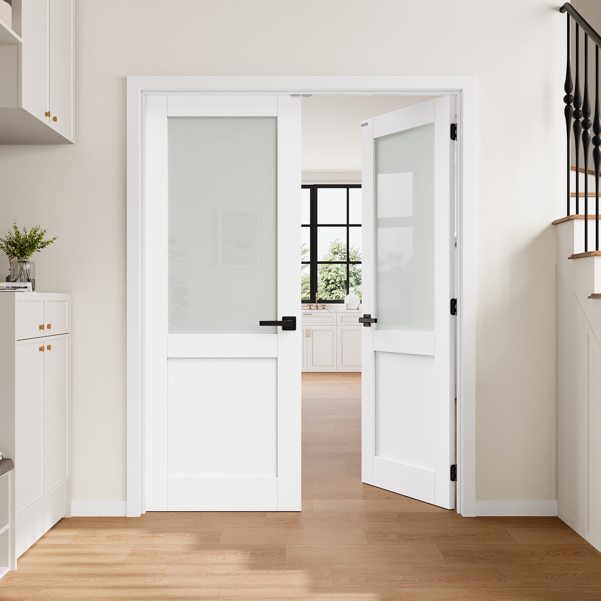 [Magnetic Catch Prehung French Door Collection] Half-Lite Frosted Glass White Solid Core Double Prehung French Door with Ready-to-Assemble Jamb