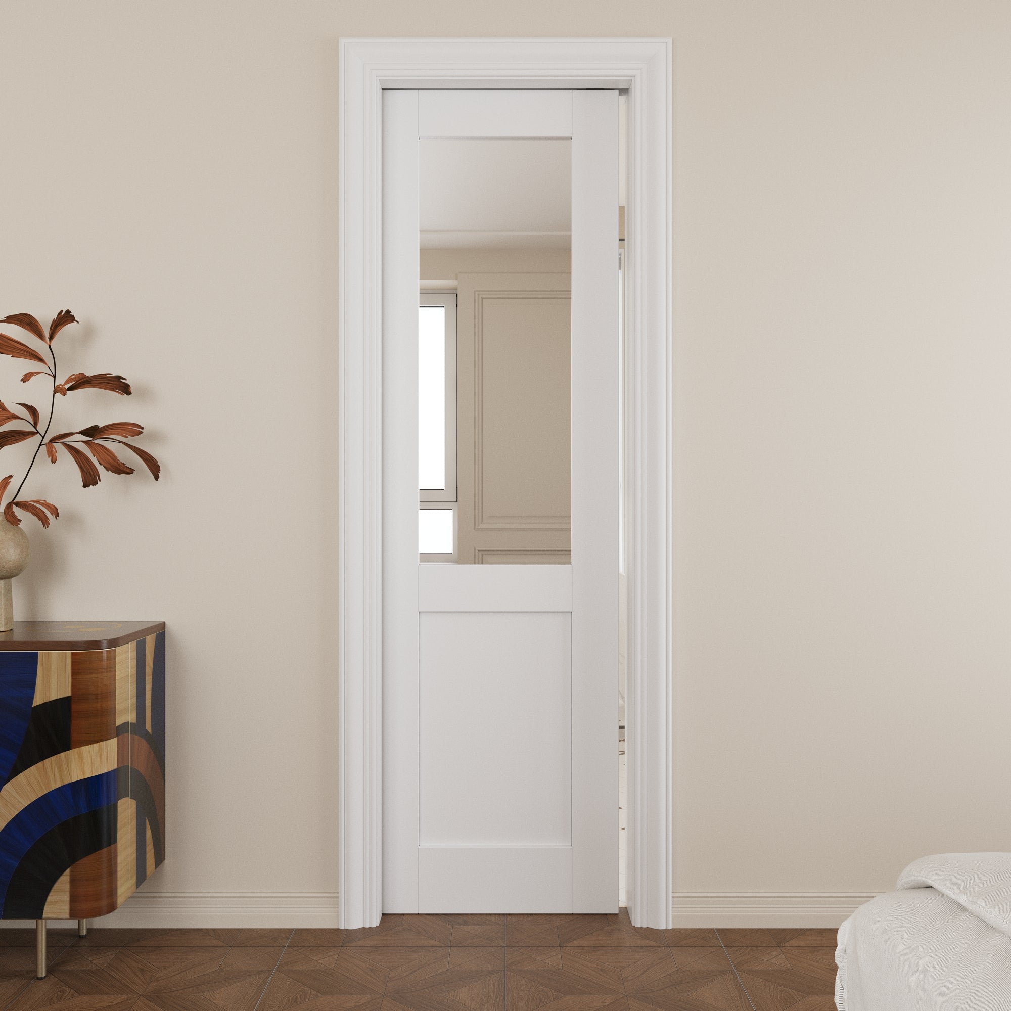 Ark Design Half-Lite Mirror Pocket Door with Hardware Kit & Soft Close & Frame, Solid Core MDF Wood & Paint-grade Finished, White