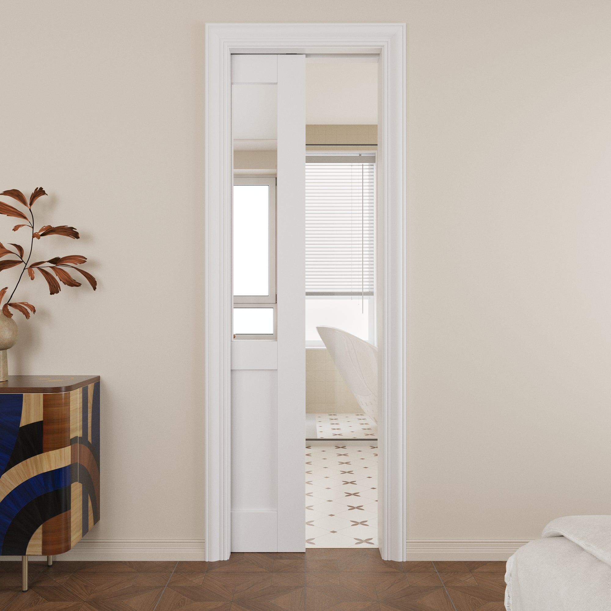 Ark Design Half-Lite Mirror Pocket Door with Hardware Kit & Soft Close & Frame, Solid Core MDF Wood & Paint-grade Finished, White