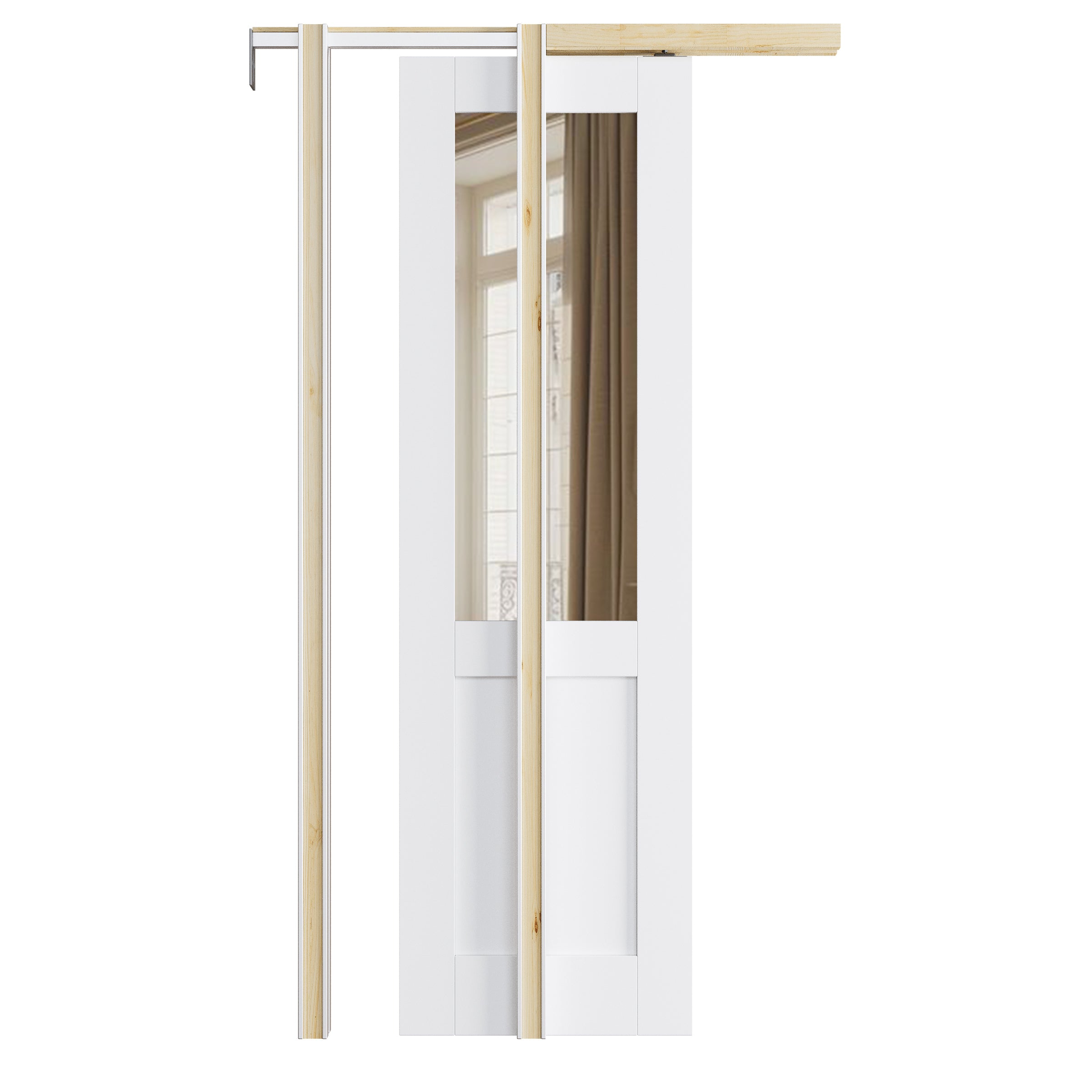 Ark Design Half-Lite Mirror Pocket Door with Hardware Kit & Soft Close & Frame, Solid Core MDF Wood & Paint-grade Finished, White