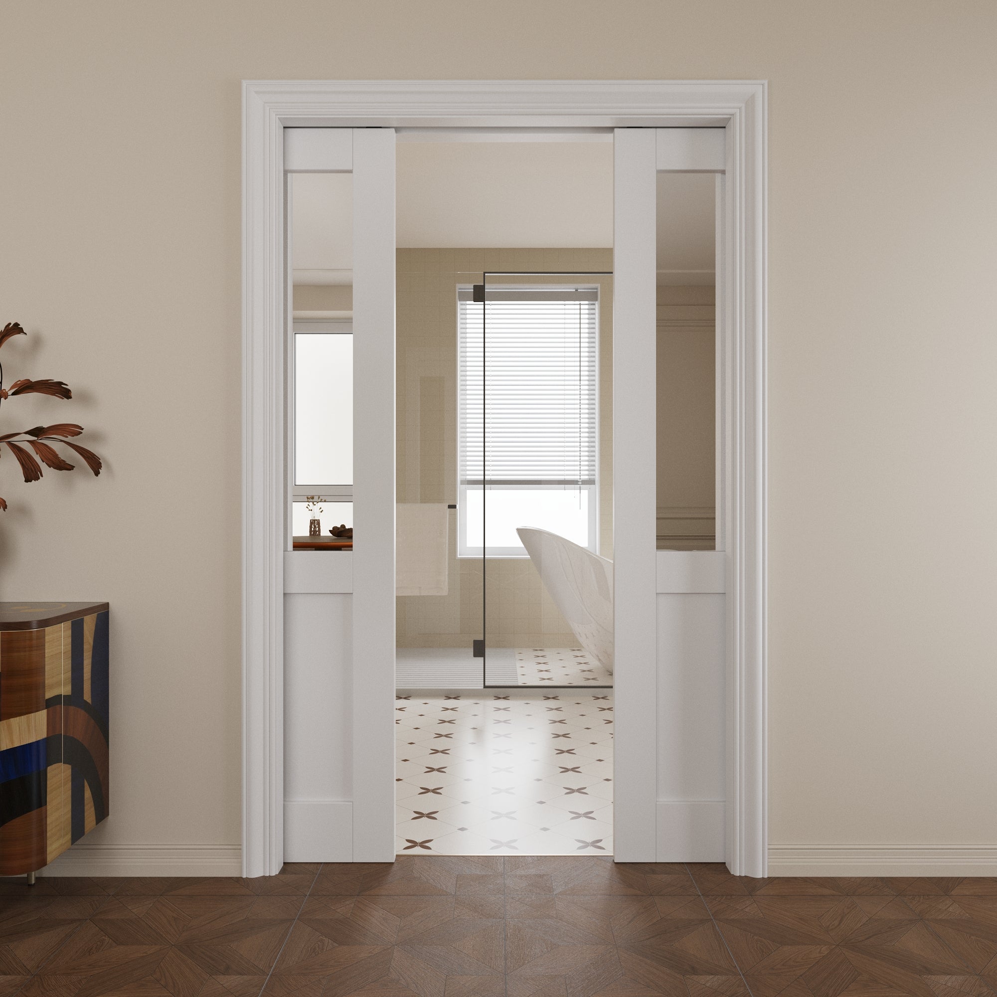 Ark Design Half-Lite Mirror Pocket Door with Hardware Kit & Soft Close & Frame, Solid Core MDF Wood & Paint-grade Finished, White