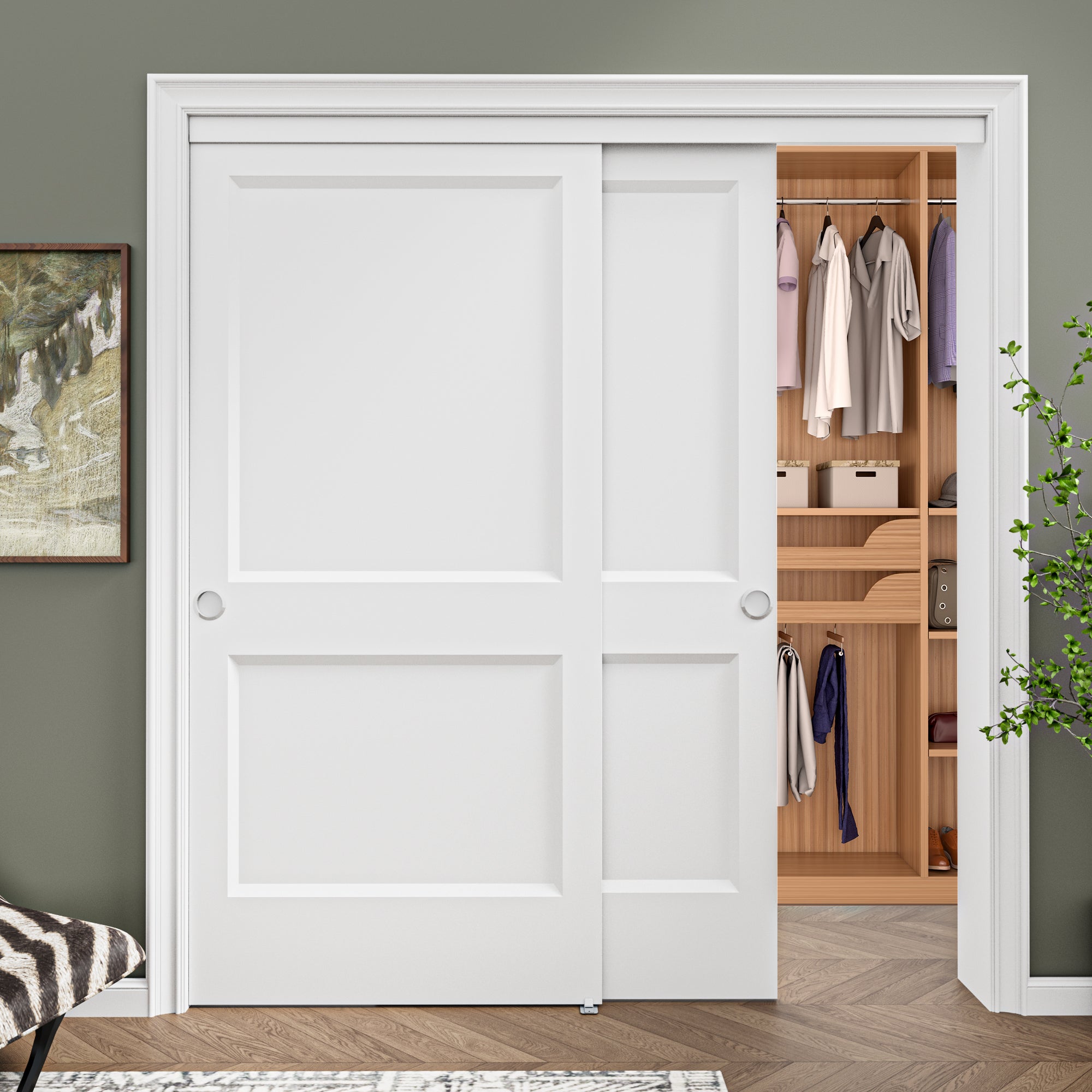[Paintable] Ark Design 2 Panel Bypass Sliding Closet Door with Hardware Kit, Hollow Core MDF Wood & Primed, White