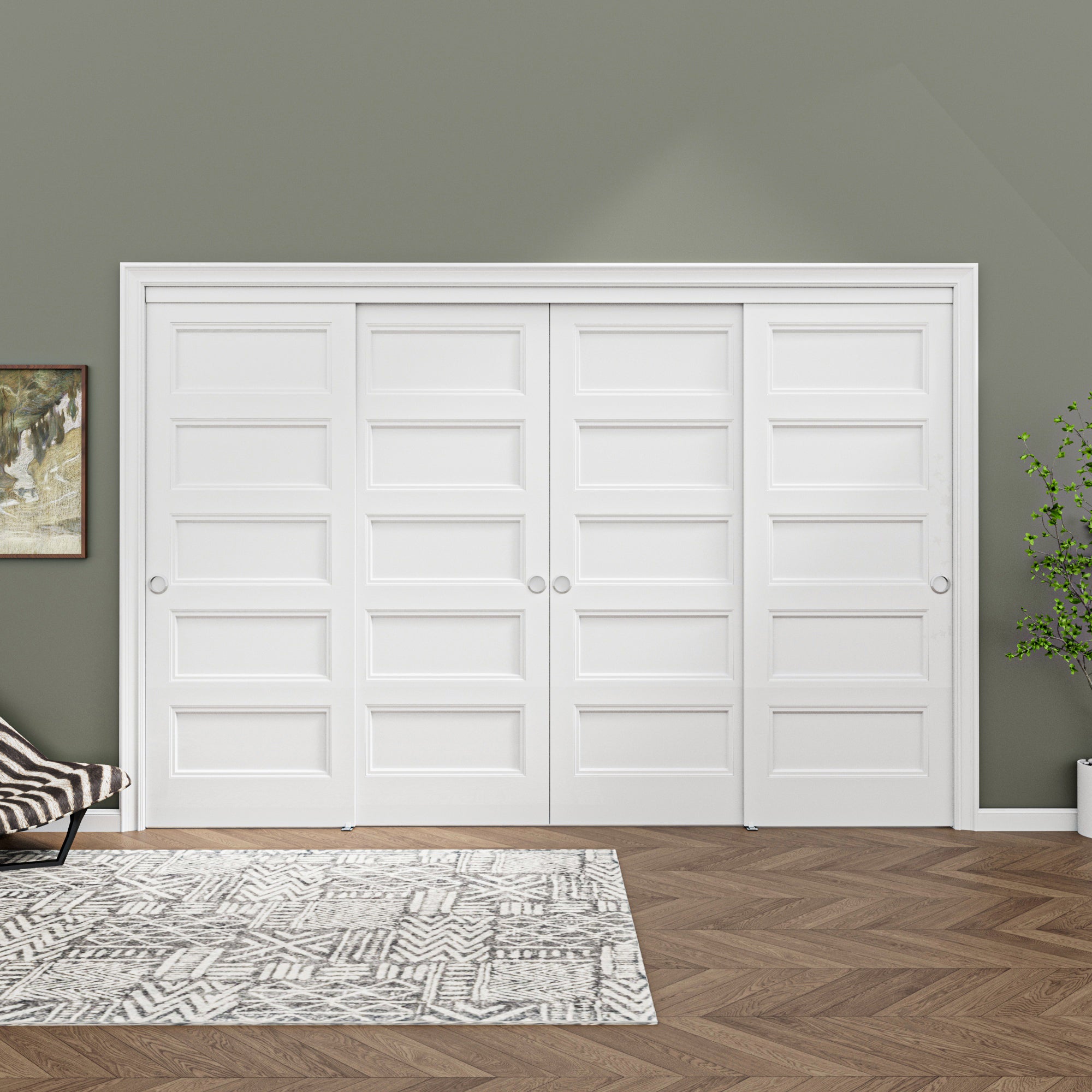 [Paintable] Ark Design 5 Panel Bypass Sliding Closet Door with Hardware Kit, Hollow Core MDF Wood & Primed, White