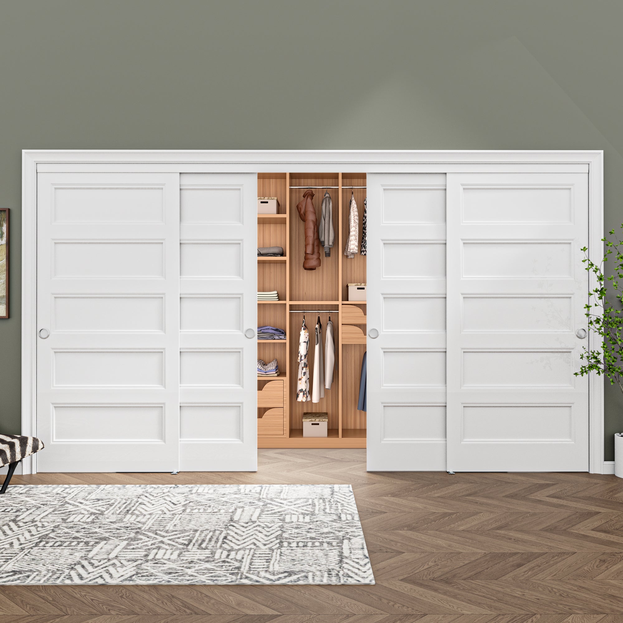 [Paintable] Ark Design 5 Panel Bypass Sliding Closet Door with Hardware Kit, Hollow Core MDF Wood & Primed, White