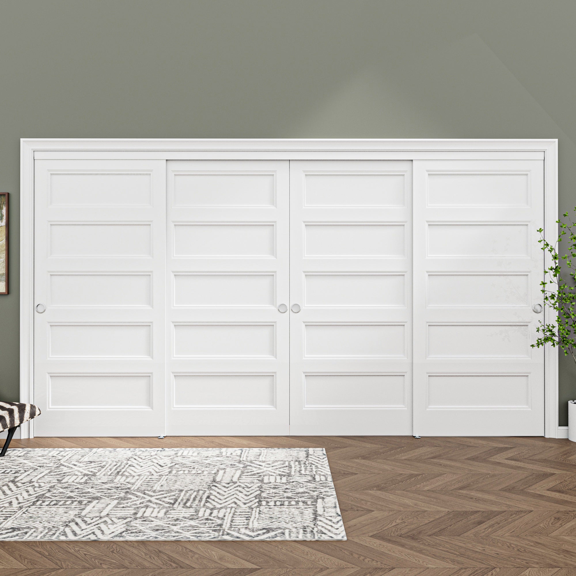 [Paintable] Ark Design 5 Panel Bypass Sliding Closet Door with Hardware Kit, Hollow Core MDF Wood & Primed, White
