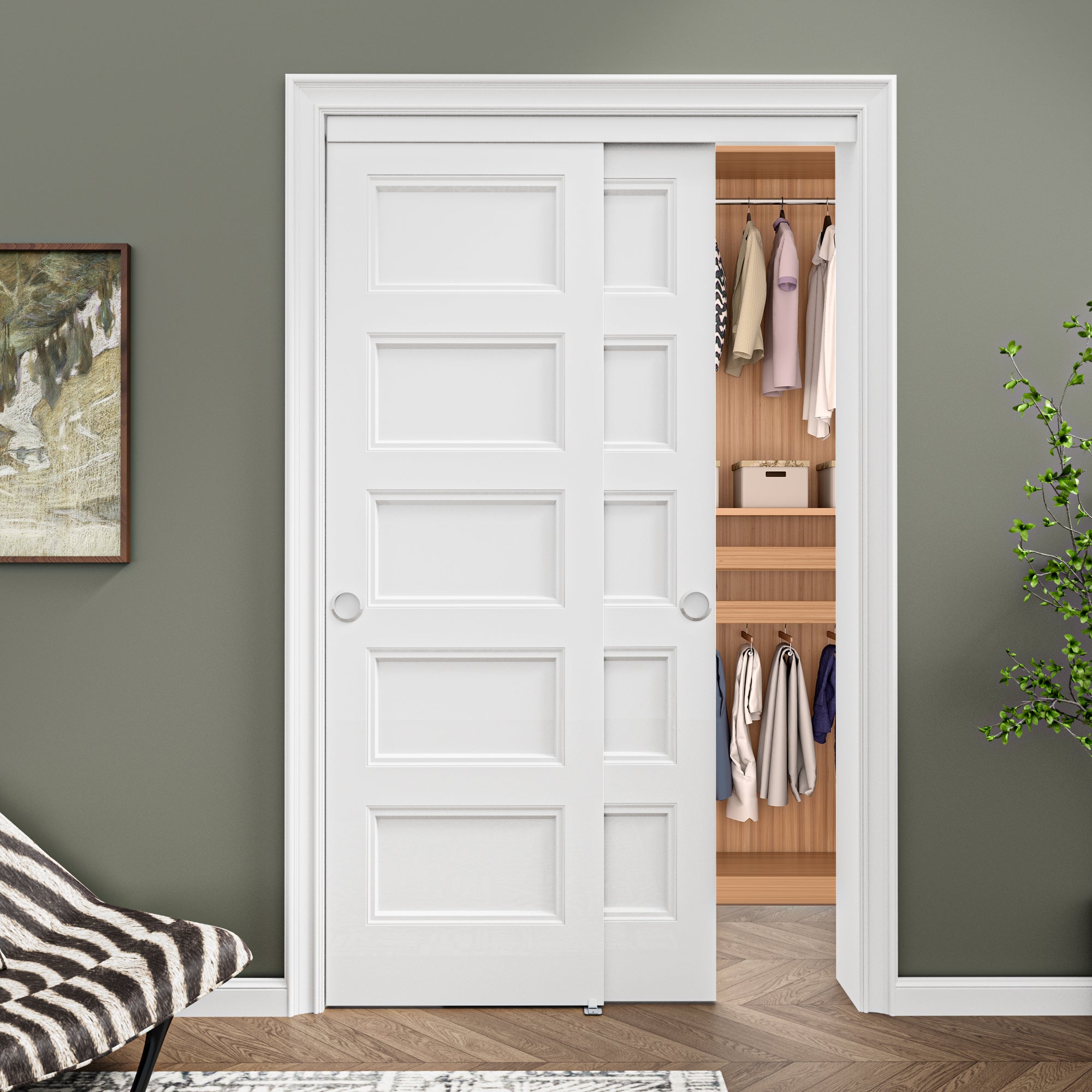 [Paintable] Ark Design 5 Panel Bypass Sliding Closet Door with Hardware Kit, Hollow Core MDF Wood & Primed, White