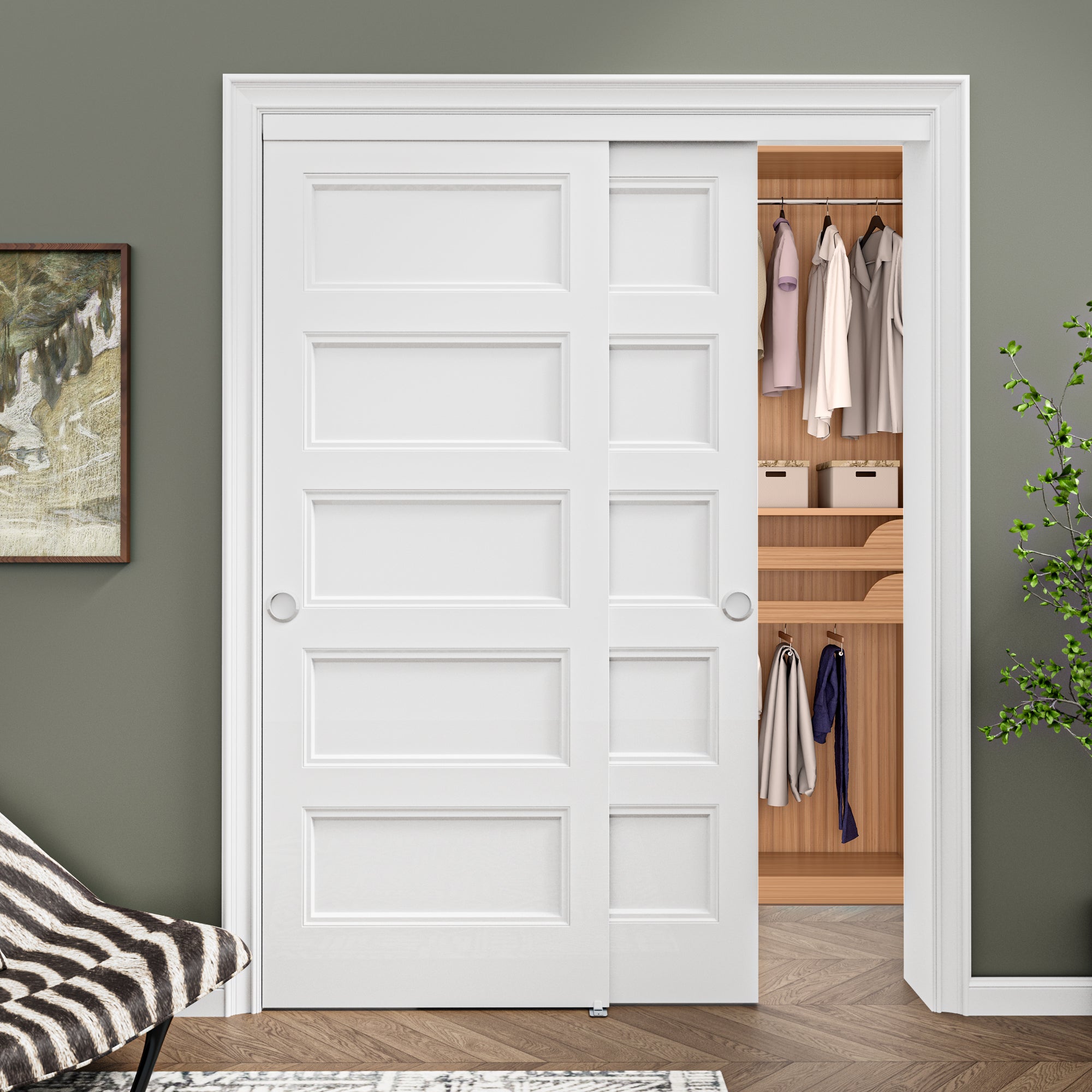 [Paintable] Ark Design 5 Panel Bypass Sliding Closet Door with Hardware Kit, Hollow Core MDF Wood & Primed, White