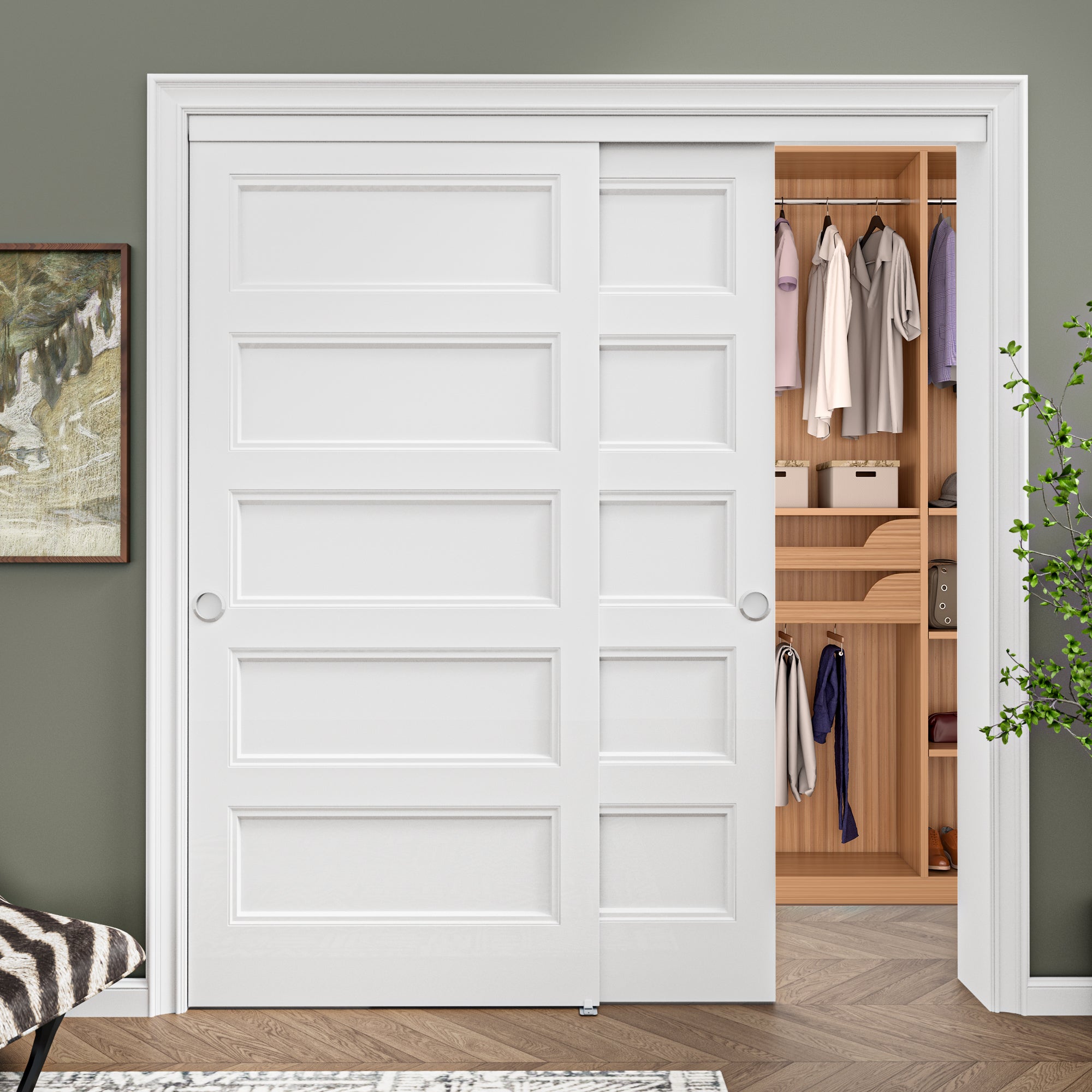 [Paintable] Ark Design 5 Panel Bypass Sliding Closet Door with Hardware Kit, Hollow Core MDF Wood & Primed, White