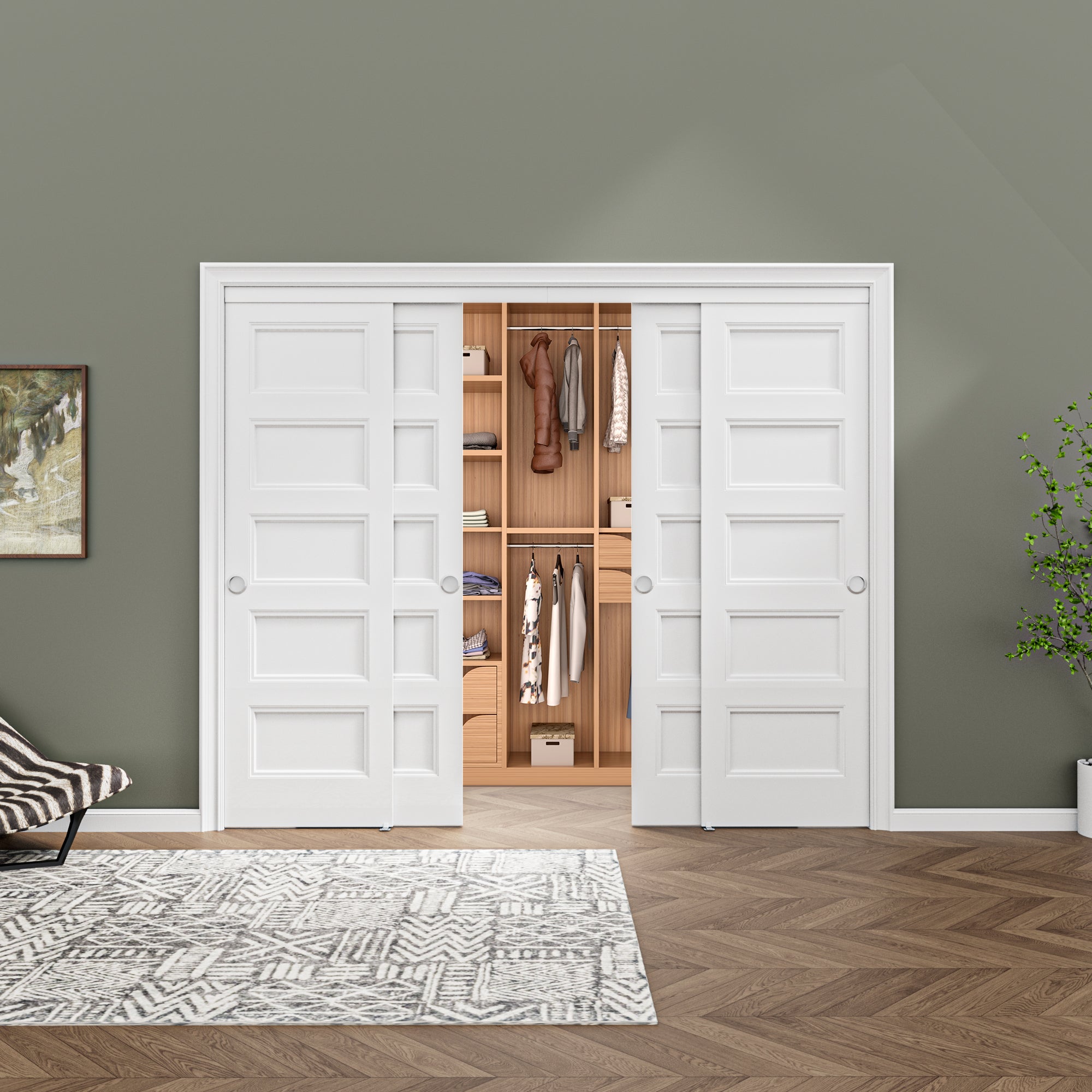 [Paintable] Ark Design 5 Panel Bypass Sliding Closet Door with Hardware Kit, Hollow Core MDF Wood & Primed, White