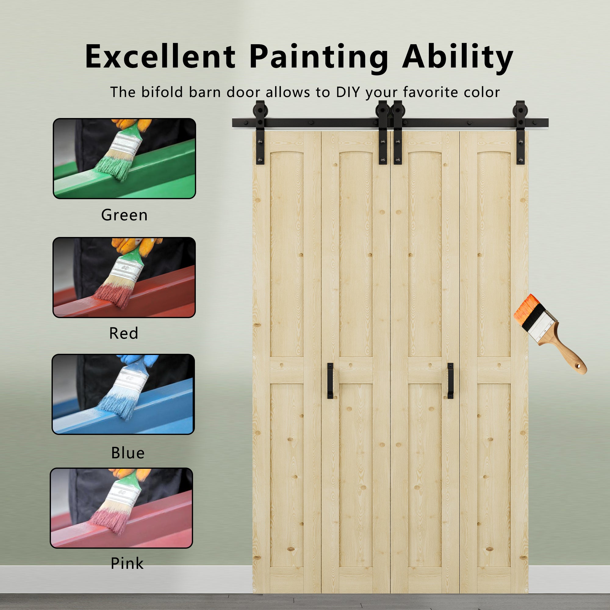 [Paintable] H Panel Pine Wood Closet Bifold Barn Door with Hardware Kit & Handle, Solid Core Pine Wood & Unfinished & Paintable Surface