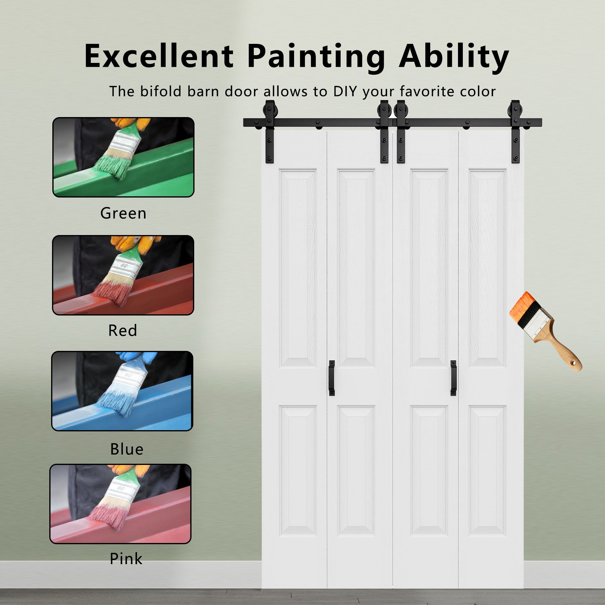 [Paintable] Hollow Paneled 4-Lite White Primed MDF Composite Bi-fold Sliding Barn Door with Hardware Kit and Handle