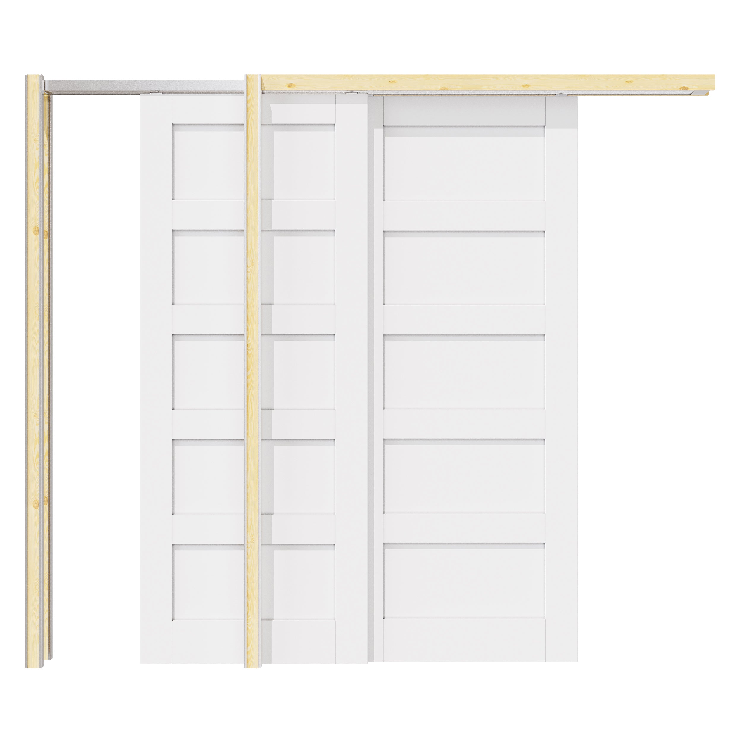Ark Design 5 Panel Double Bypass Pocket Door with Hardware Kit & Soft Close & Frame, Solid Core MDF Wood & Paint-grade Finished, White