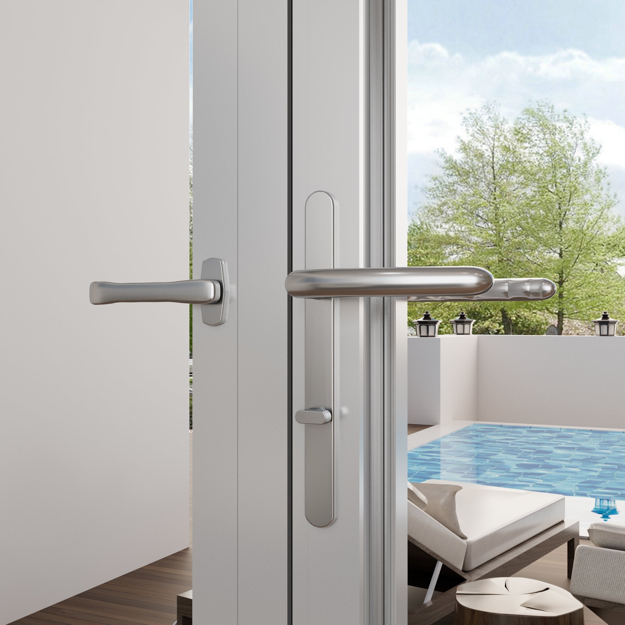 Ark Design 4 Panel Center Opening Outswing Double Tempered Glass White Aluminum Folding Patio Door