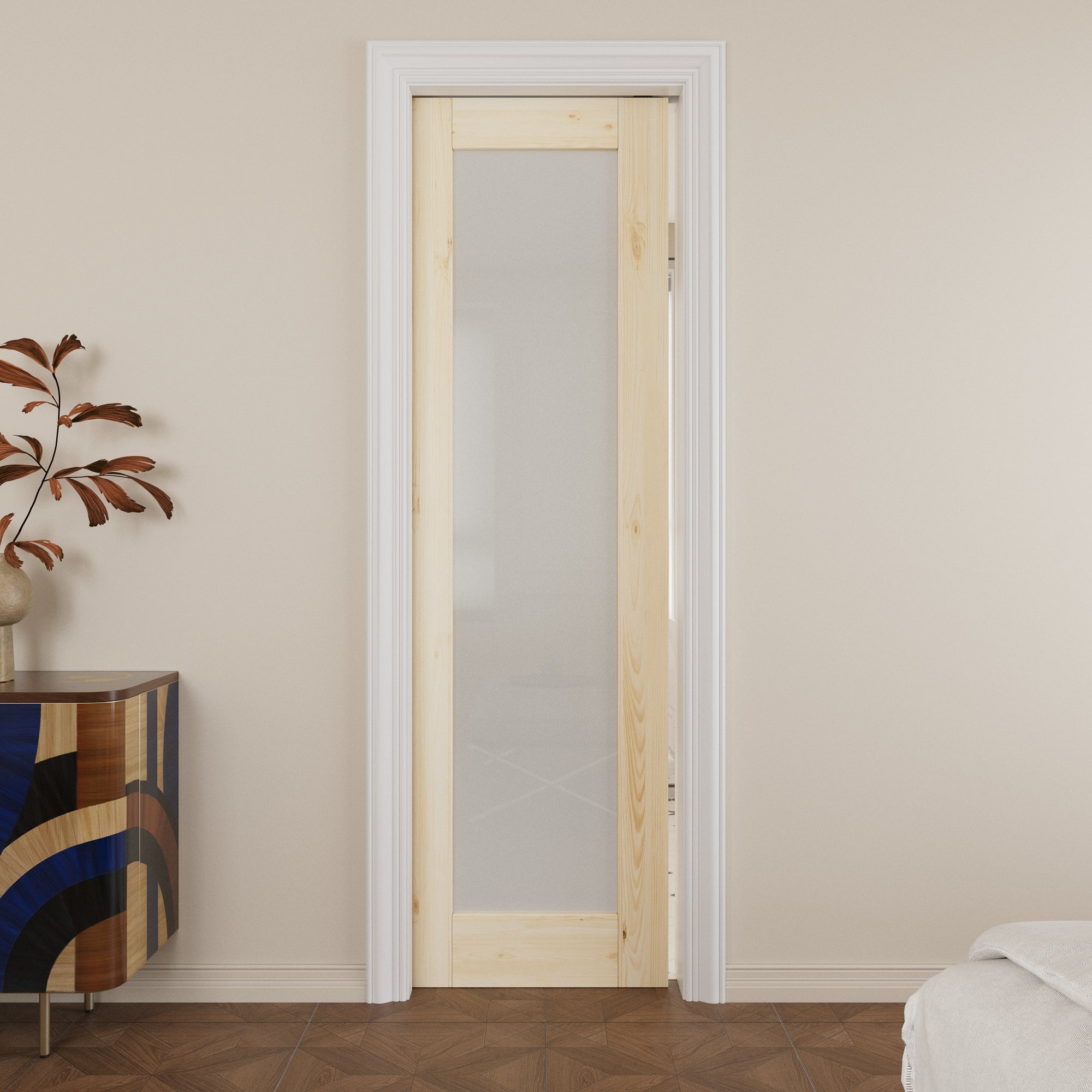 Ark Design 1-lite Tempered Frosted Glass Pocket Door with Hardware Kit & Soft Close, Pine Wood & Prefinished